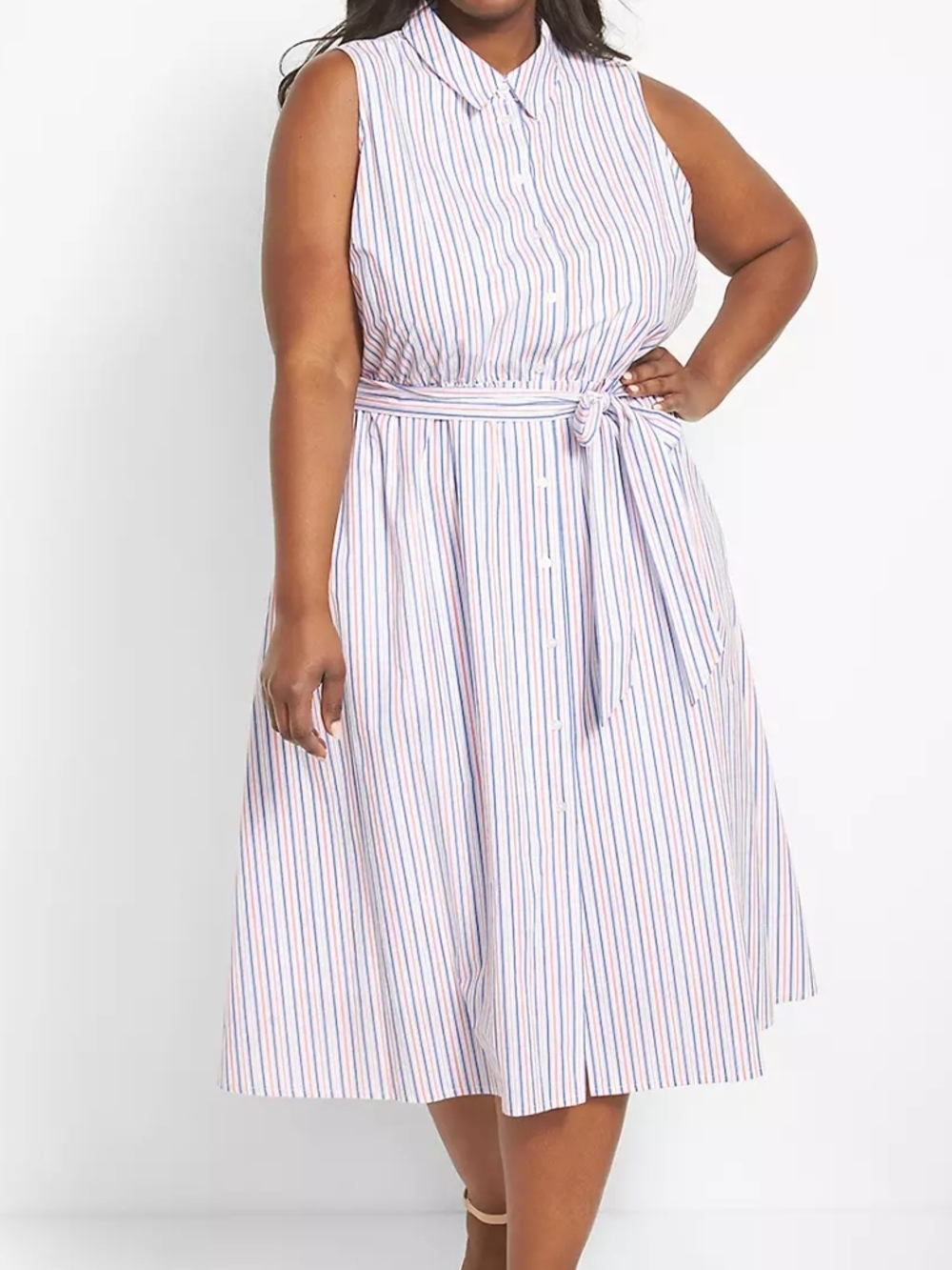 Sleeveless White Button-Front Striped Shirt Dress